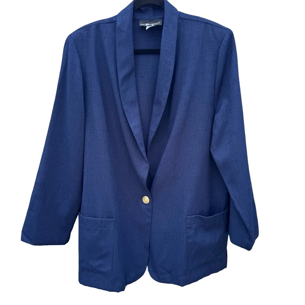 Sag Harbor Vintage 90s Navy Shawl Collar Nautical Textured Jacket Blazer 16